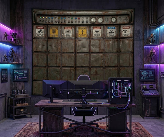 Dystopian bunker control board fabric wallcovering hung as an accent backdrop in a game studio.
