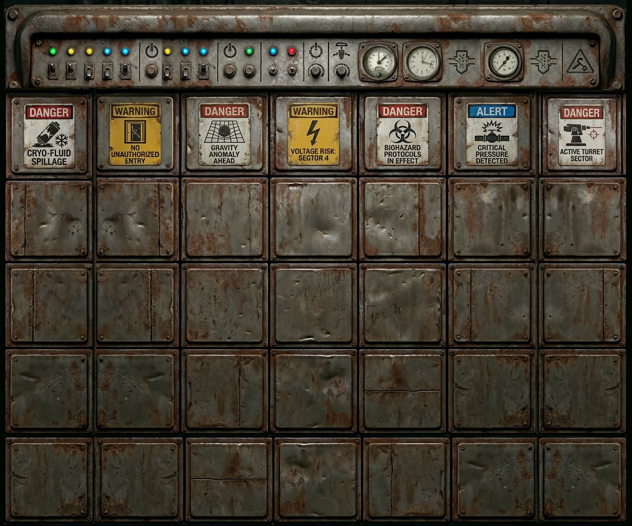Detailed industrial control panel fabric wall mural with rusty steel hatches and warning signs.