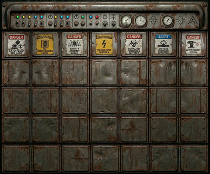 Detailed industrial control panel fabric wall mural with rusty steel hatches and warning signs.