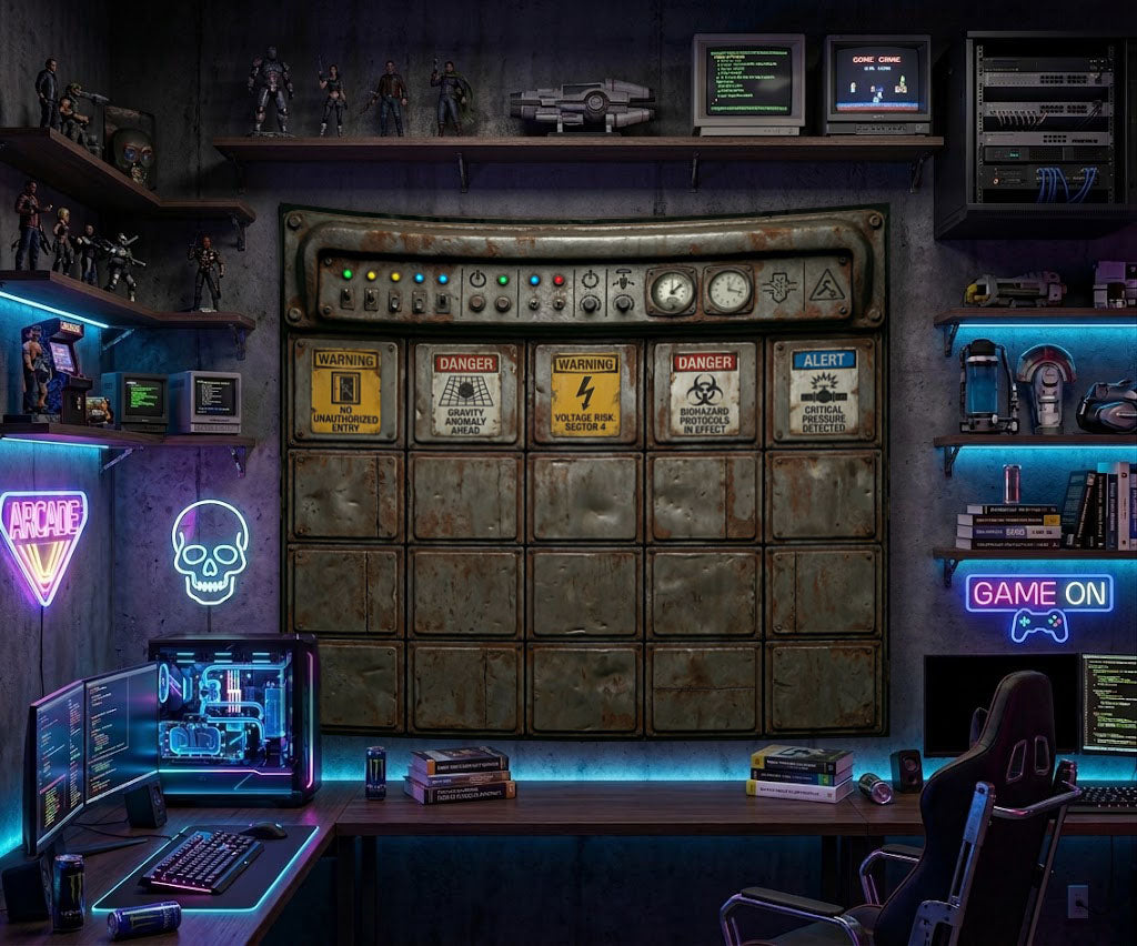 Lightweight sci-fi metal tapestry wall hanging displayed behind a gaming desk setup.