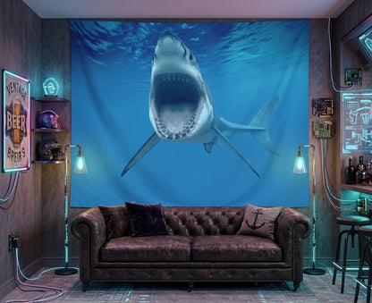 Deep blue underwater predator fabric wallcovering hung as an accent piece behind a sofa.