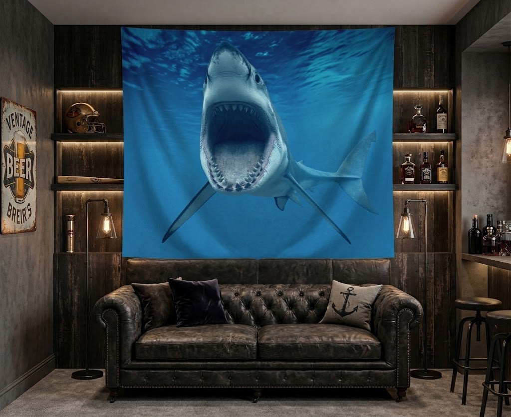 Modern man cave room decorated with a Great White Shark tapestry hanging on the accent wall.