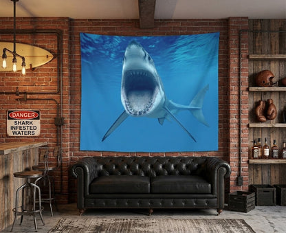 Dramatic Great White Shark swimming forward with open mouth underwater fabric wall mural.