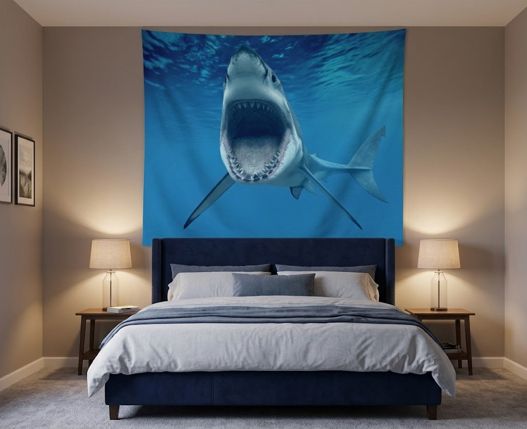 Lightweight ocean shark tapestry wall hanging displayed in a modern bedroom setting.