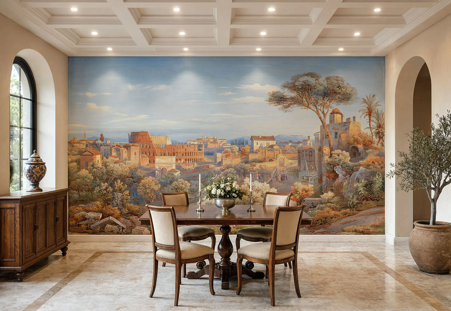 19th century Italian watercolor landscape wallpaper in a classic dining room