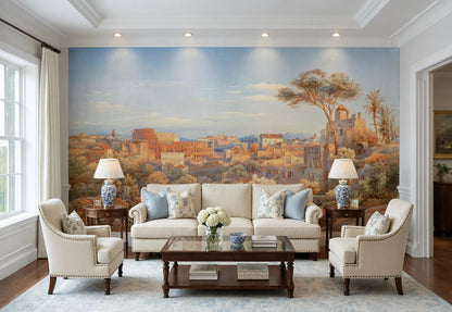 Vintage Roman ruins wall mural with ancient amphitheater landscape installed behind a living room sofa