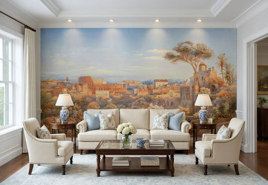 Vintage Roman ruins wall mural with ancient amphitheater landscape installed behind a living room sofa