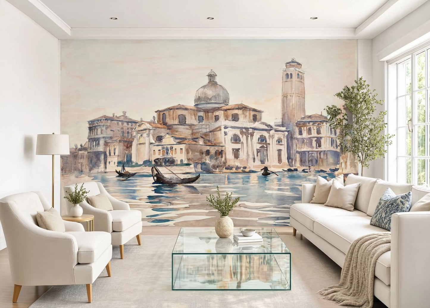 A 19th-century fine art watercolor wall mural by John Singer Sargent showing the San Geremia cathedral in Venice with calm waters and gondolas.
