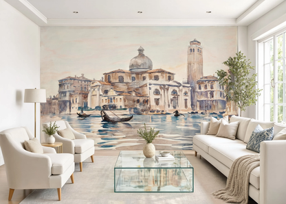 A 19th-century fine art watercolor wall mural by John Singer Sargent showing the San Geremia cathedral in Venice with calm waters and gondolas.