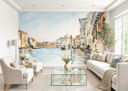 Classical 19th-century watercolor painting of the Venice Grand Canal with historic buildings and gondolas, used as a wall mural wallpaper.