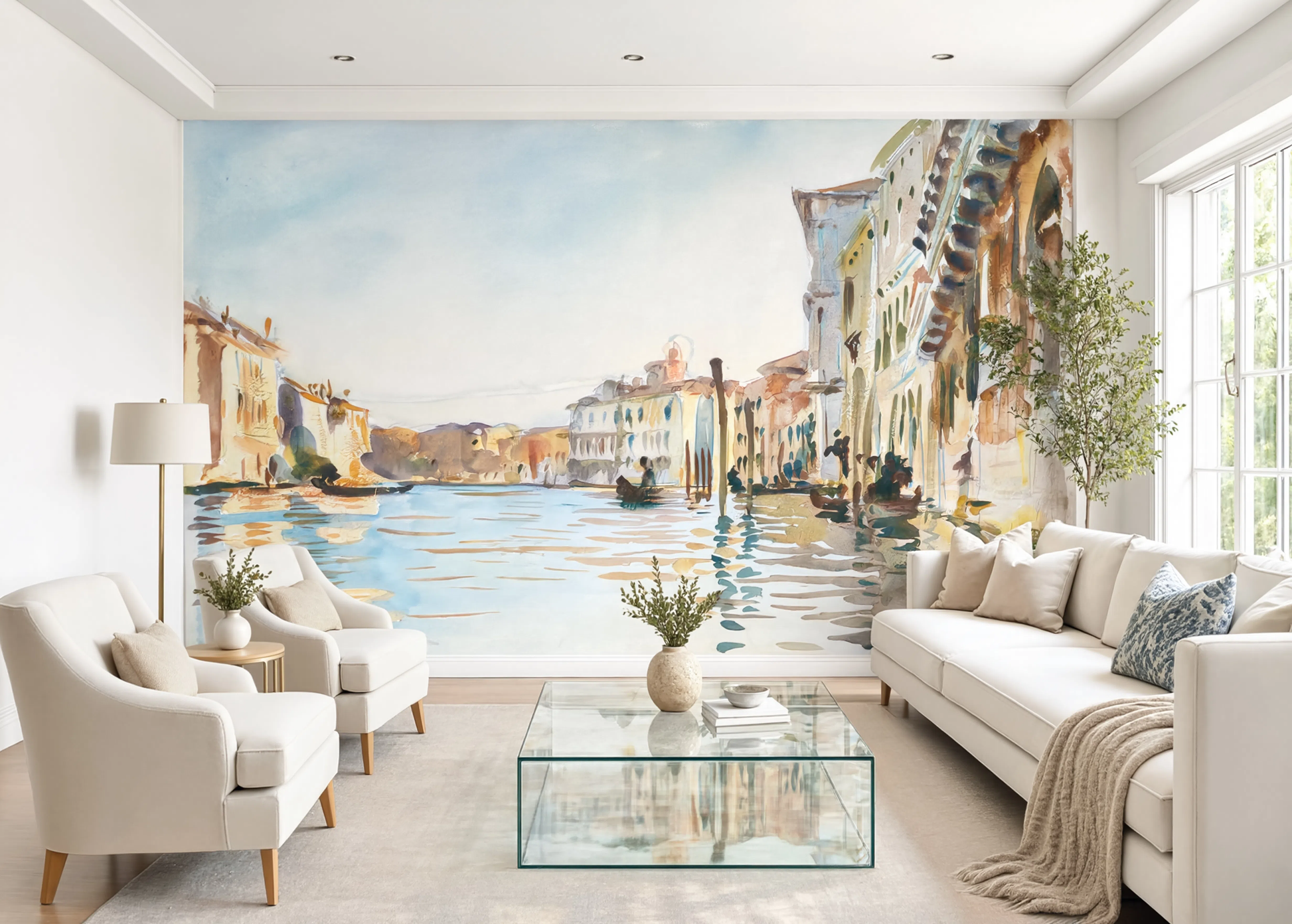 Classical 19th-century watercolor painting of the Venice Grand Canal with historic buildings and gondolas, used as a wall mural wallpaper.