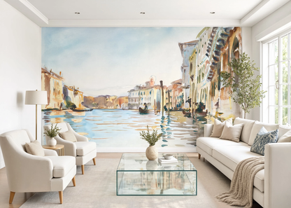 Classical 19th-century watercolor painting of the Venice Grand Canal with historic buildings and gondolas, used as a wall mural wallpaper.