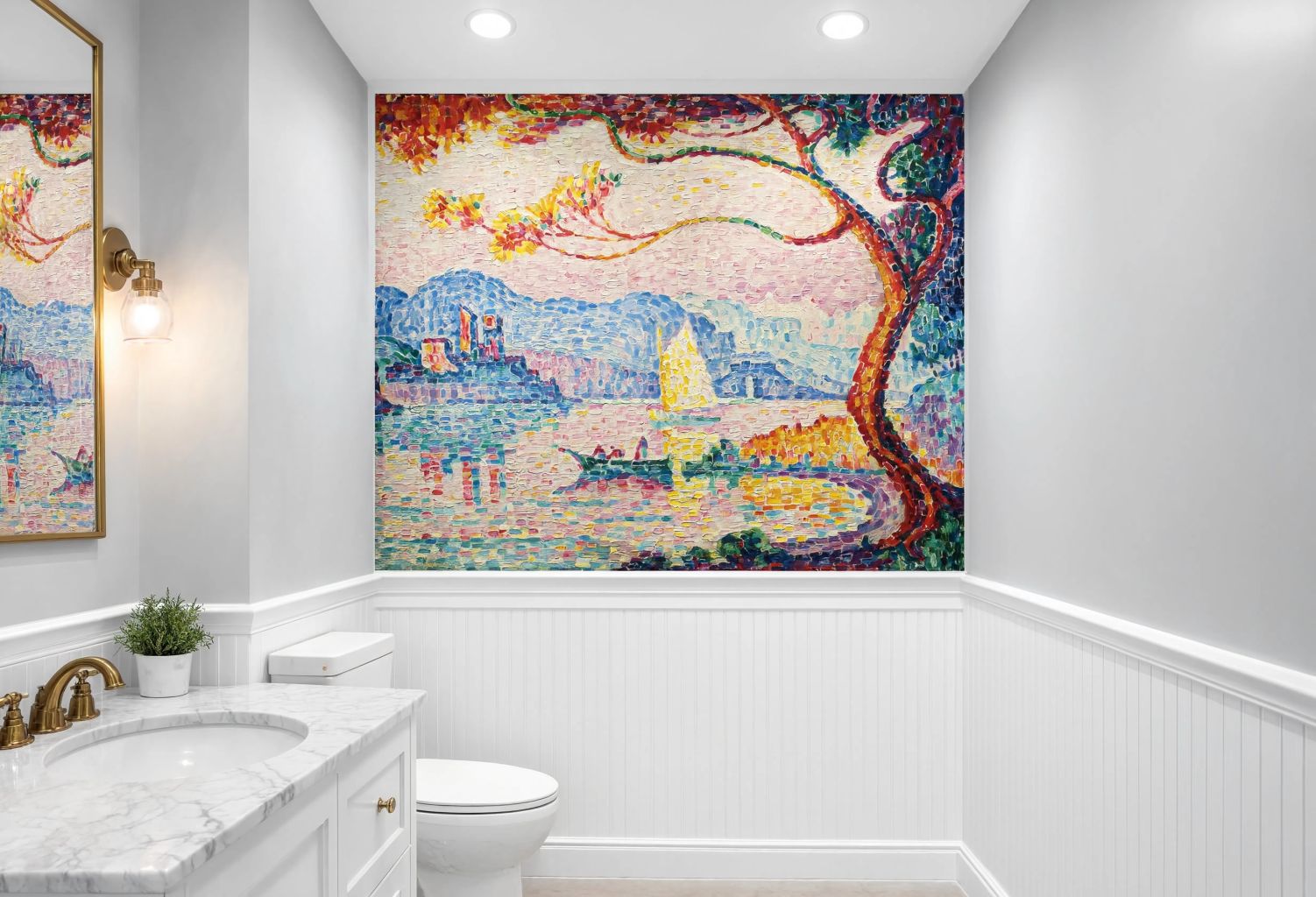 A 19th-century post-impressionist oil painting wall mural by Paul Signac featuring a French harbor town with pointillist colorful water, boats, and a pine tree.