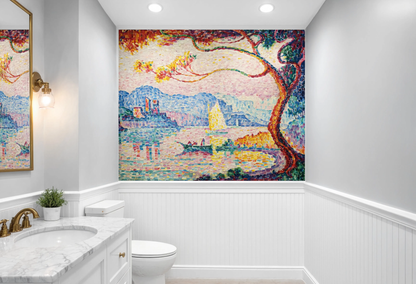 Fine art mosaic style print on laminated self-adhesive vinyl showing vibrant pink, gold, and turquoise strokes of an antique sailing port landscape.