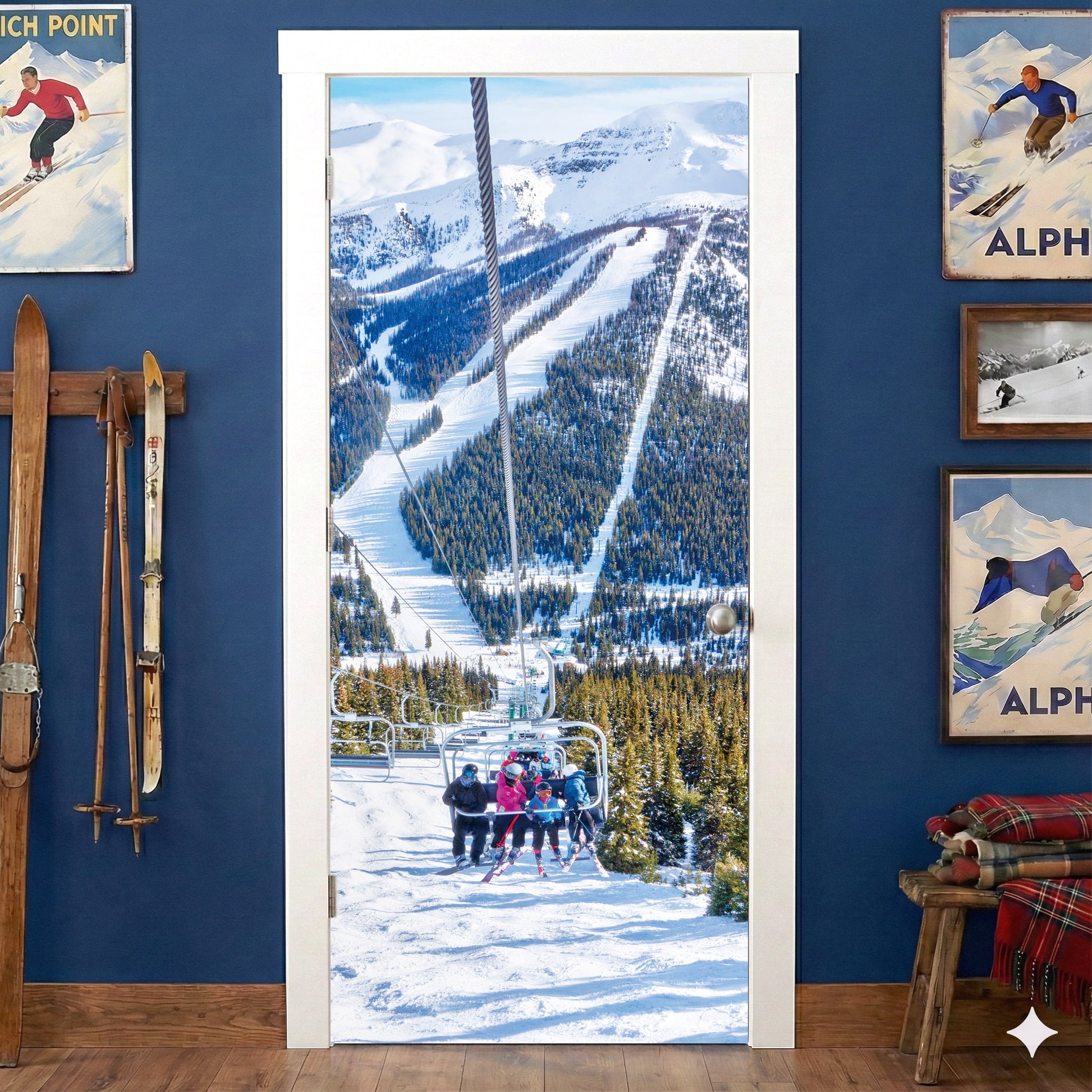 Door decal with a ski resort scene
