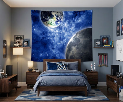 Space fabric wall mural showing Earth and Moon against a blue glowing galaxy nebula background.