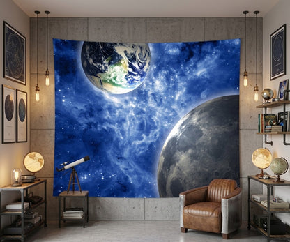 Large fabric wall mural with detailed lunar texture and glowing stars pattern.
