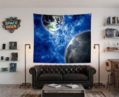 Cosmic deep space fabric wallcovering hung as an accent backdrop behind a sofa.