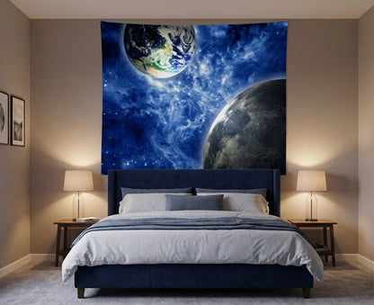 Lightweight galaxy planet tapestry wall hanging displayed in a modern dark bedroom setting.