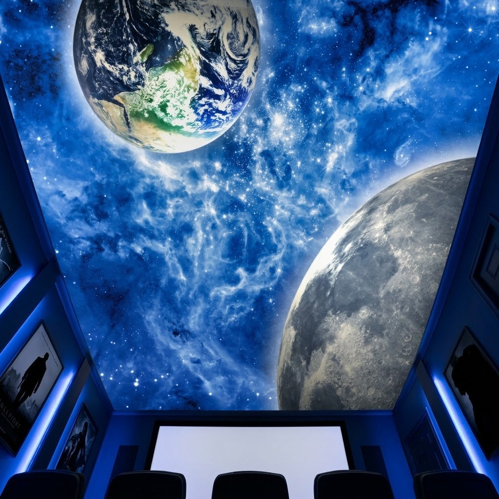 Home theater room ceiling styled with a galaxy and planet wallcovering.