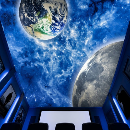 Home theater room ceiling styled with a galaxy and planet wallcovering.