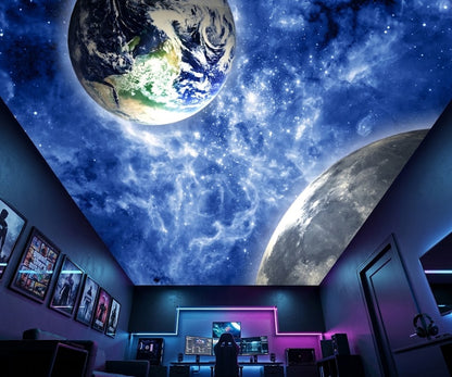 Space ceiling mural showing Earth and Moon against a deep blue galaxy background.