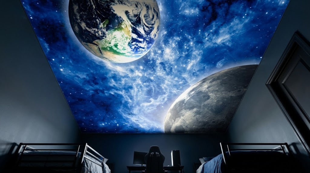 A bedroom with dark walls and beds, featuring a dramatic ceiling mural showing a blue starry space scene with Earth and the Moon.