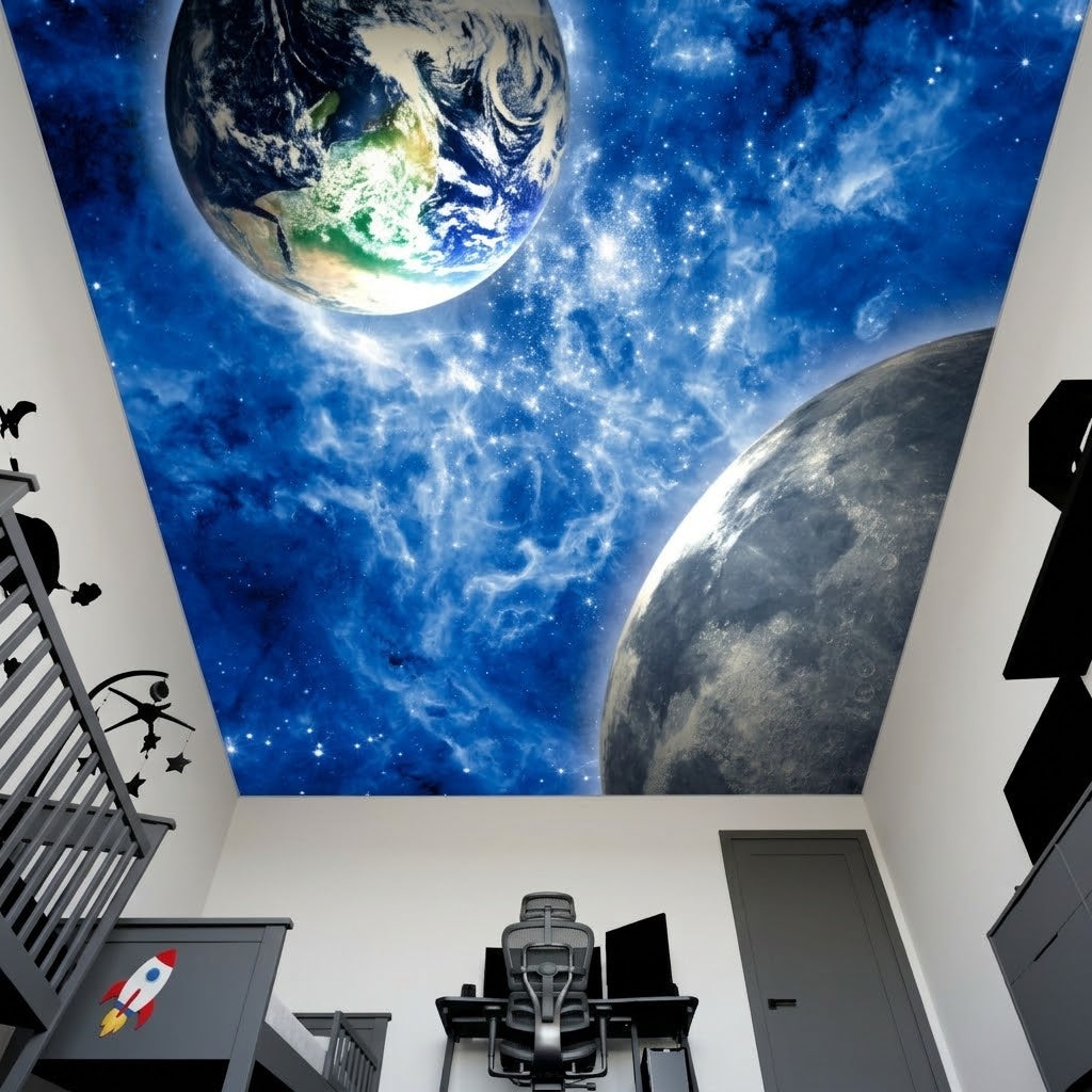 Matte non-woven ceiling mural displaying vibrant nebula colors and stars.