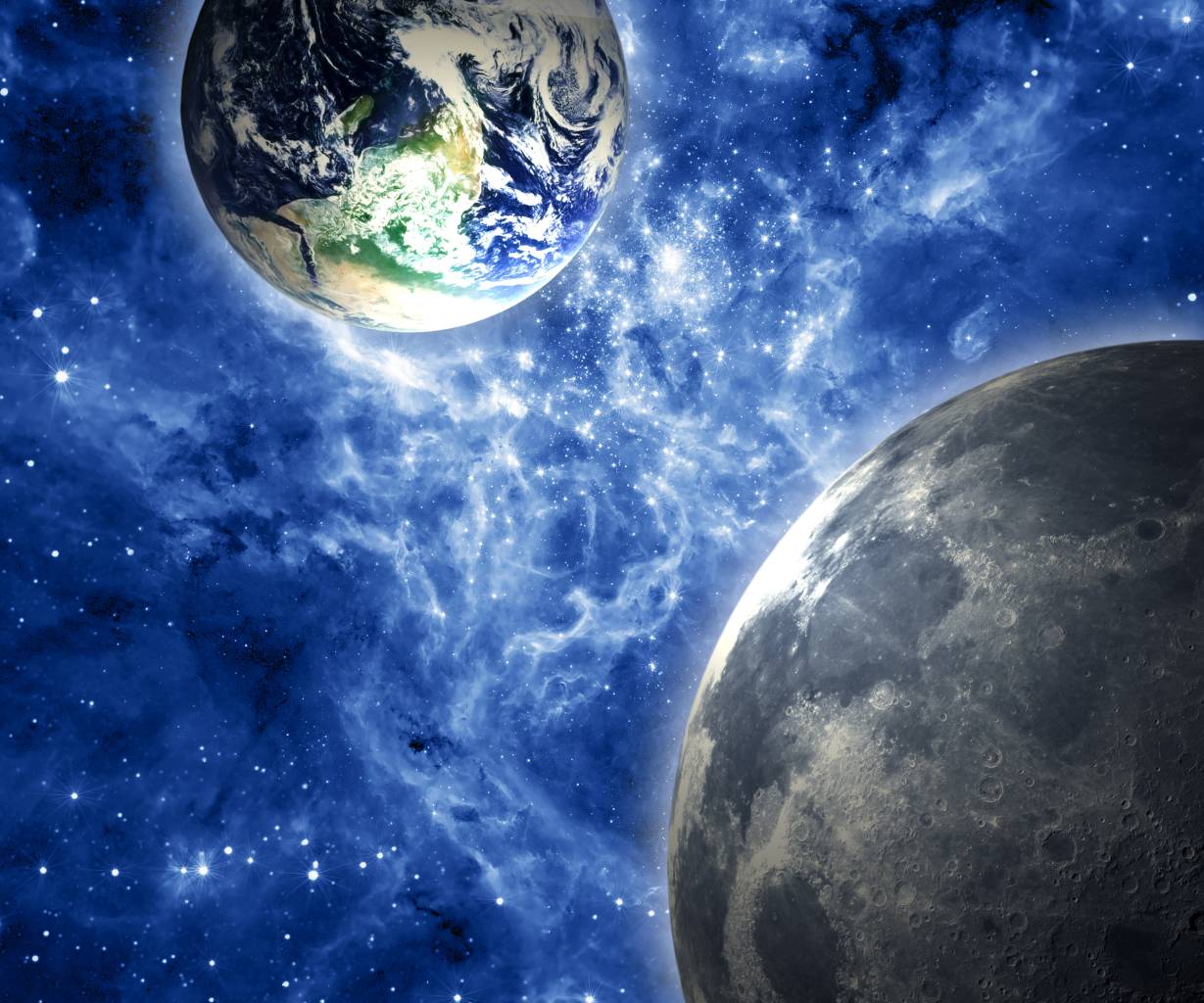 A space-themed scene showing Earth and the Moon in outer space against a starry blue cosmic background.