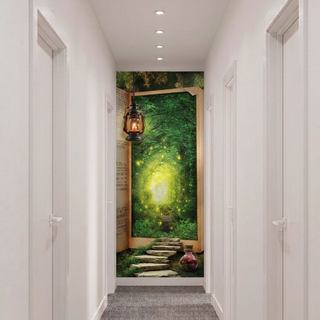 A hallway with white walls and doors, featuring a large decorative wall mural at the end showing a glowing green forest scene with a lantern hanging on the left and stone steps in the foreground.