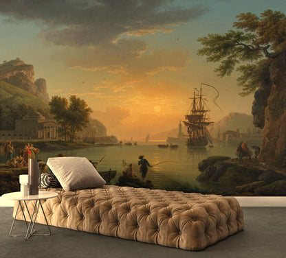 Classical Painting - Sunset Coast And Sailboat Wallpaper, Wall Mural, Tapestry
