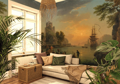 Classical Painting - Sunset Coast And Sailboat Wallpaper, Wall Mural, Tapestry
