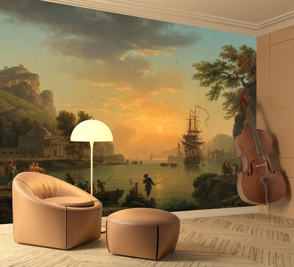 Classical Painting - Sunset Coast And Sailboat Wallpaper, Wall Mural, Tapestry