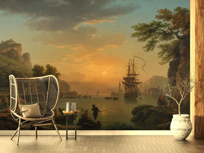 Classical Painting - Sunset Coast And Sailboat Wallpaper, Wall Mural, Tapestry
