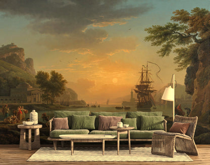 Classical Painting - Sunset Coast And Sailboat Wallpaper, Wall Mural, Tapestry