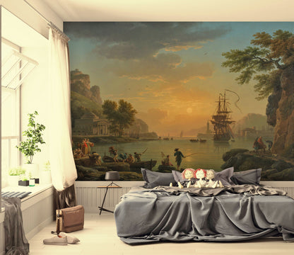 Classical Painting - Sunset Coast And Sailboat Wallpaper, Wall Mural, Tapestry
