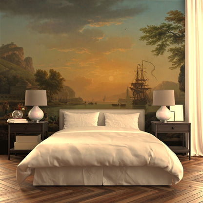 Classical Painting - Sunset Coast And Sailboat Wallpaper, Wall Mural, Tapestry