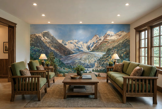 Vintage Alpine Mountain Wall Mural featuring snow capped glacier peaks and pine valley