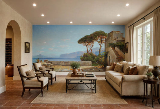 Mediterranean Terrace Sea View Wall Mural showing stone villa and blue sea