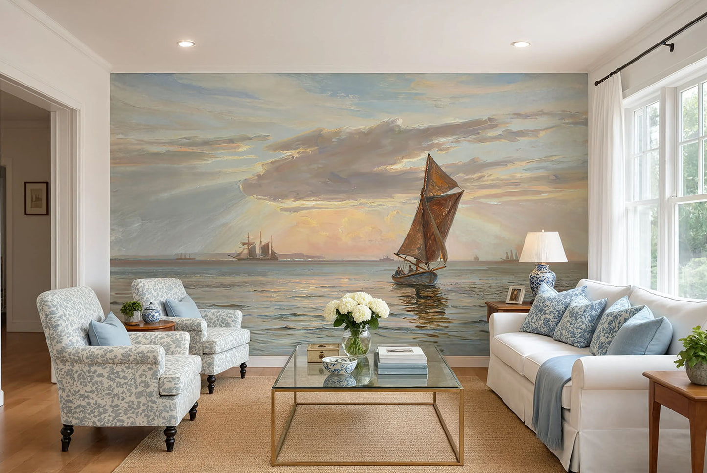Coastal nautical wall mural with horizon views and distant ships under soft clouds.