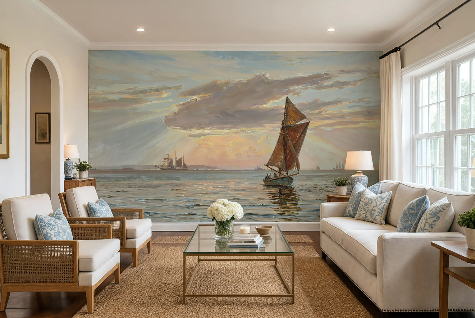 Peel and stick self adhesive vinyl ocean view wallpaper for bedroom decor.