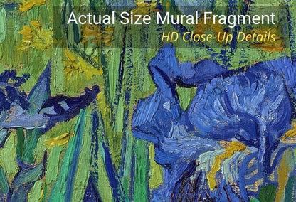 Close-up of an impasto oil painting depicting blue irises and yellow flowers on a textured green and blue background, with text overlay reading 'Actual Size Mural Fragment' and 'HD Close-Up Details'.