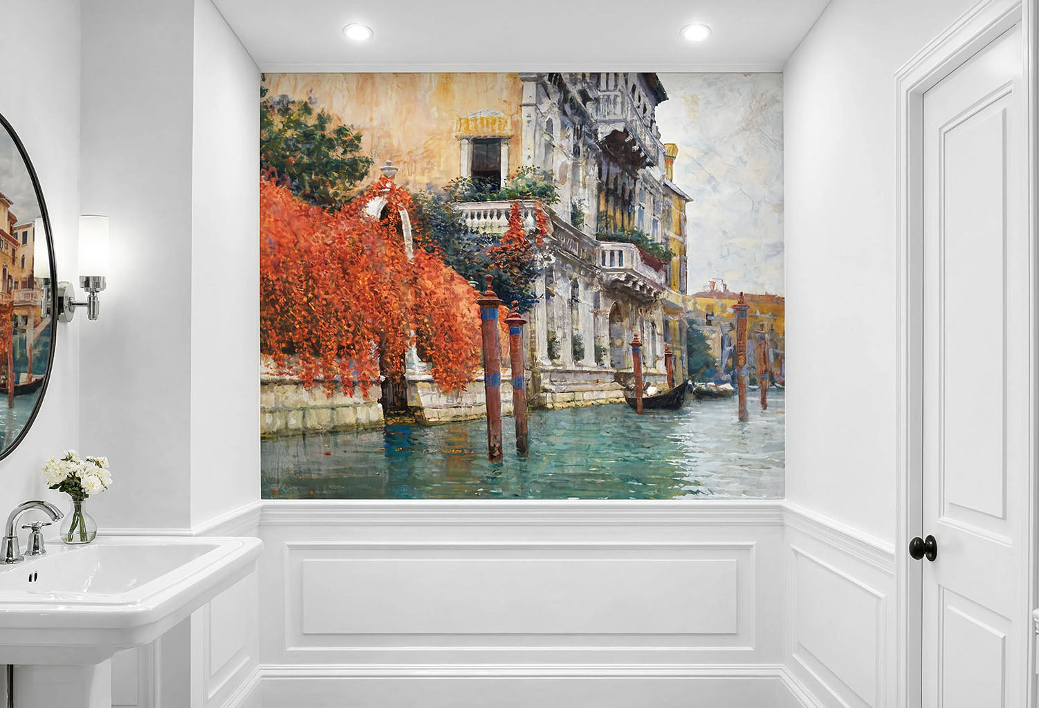 Square 60x60 inch waterproof wallpaper mural showing a Venetian Grand Canal landscape with a gondola, installed on a powder room wall above white wainscoting.