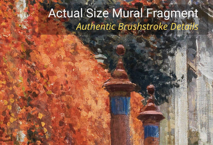 Fine art print on laminated self-adhesive vinyl depicting realistic water ripples, historic architecture, and autumn foliage from an impressionist painting.