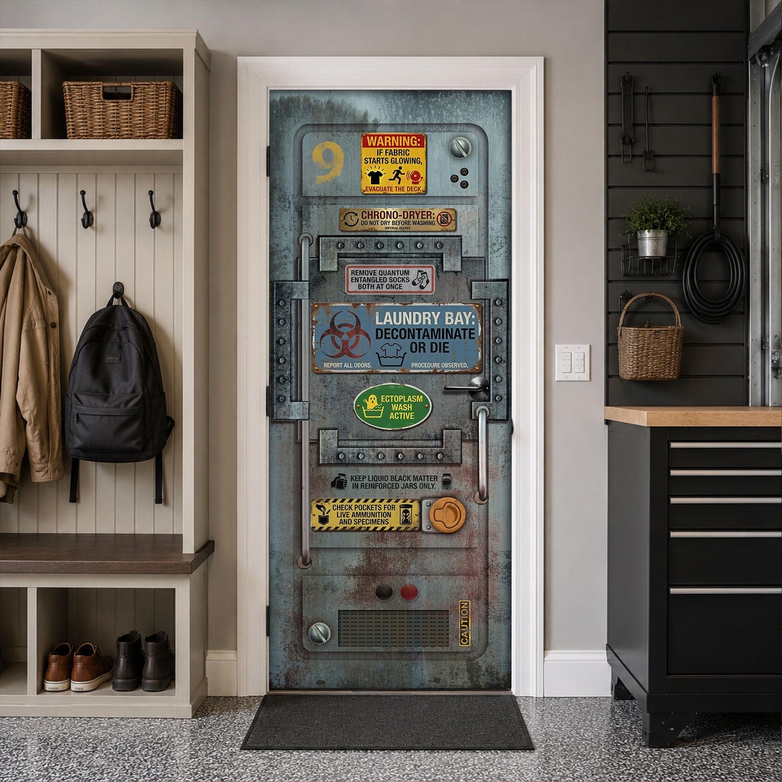 Cyberpunk sci-fi door mural decal showing Laundry Bay Decontaminate Or Die hazard sign