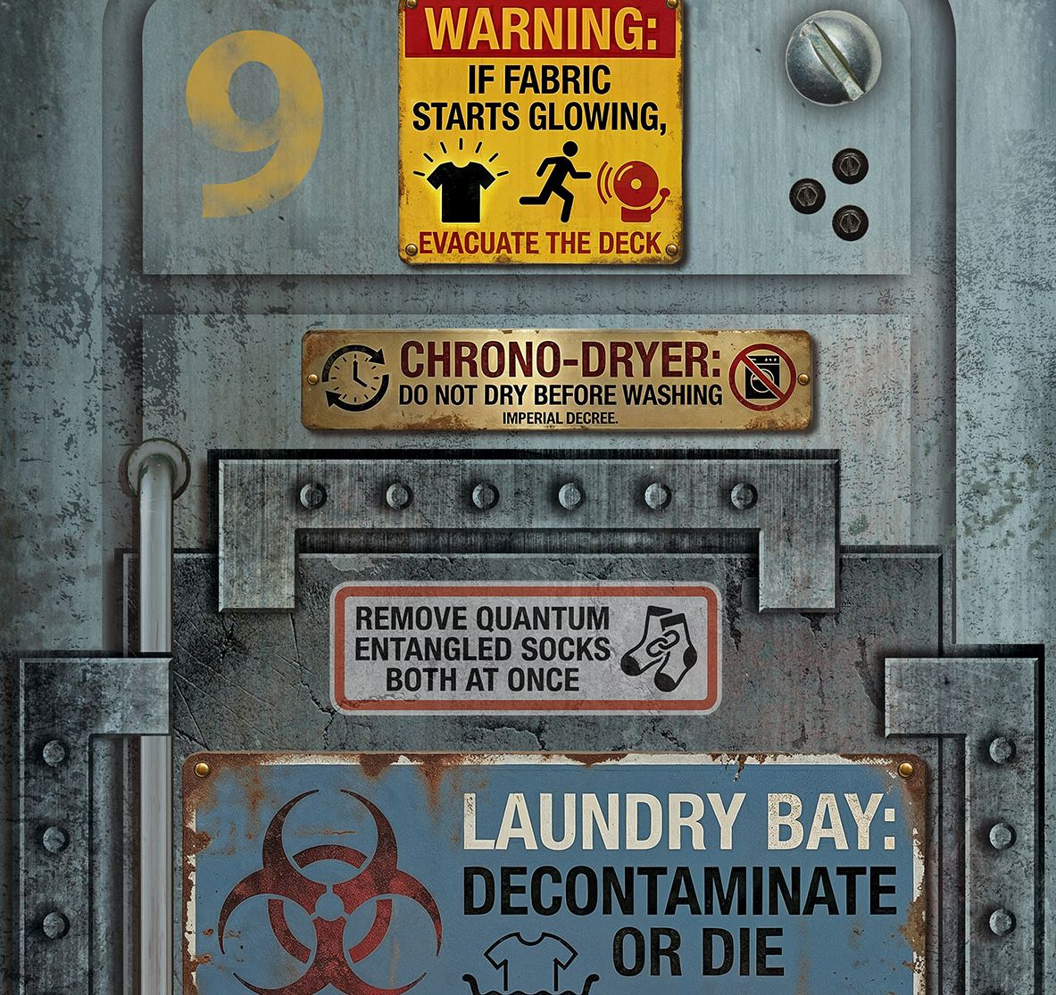Sci-Fi spaceship airlock door wrap with funny laundry warning signs and rusted metal texture
