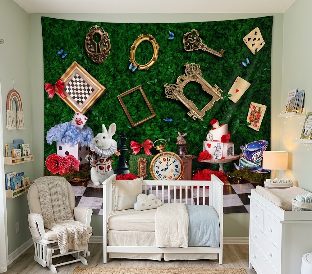 A styled nursery room featuring a large green wall tapestry with an Alice in Wonderland theme, including playing cards, keys, frames, a rabbit, and a clock. The room is furnished with a white crib, a white rocking chair, and a white dresser.