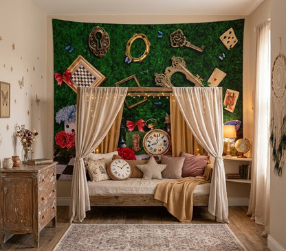 A whimsical fantasy-themed bedroom wall tapestry featuring a green mossy forest with floating keys, clocks, playing cards, and a blue bird, styled behind a wooden bed with cream drapes.