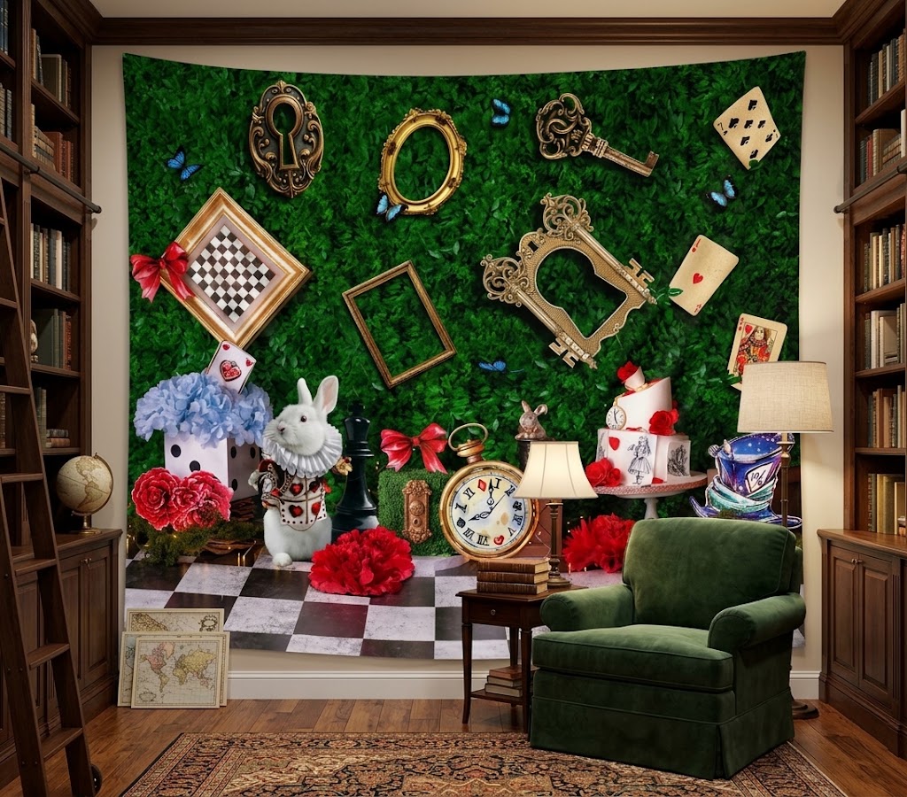 A decorative wall tapestry featuring a whimsical Alice in Wonderland scene with a green mossy background, gold frames, keys, playing cards, chess pieces, a white rabbit, and red roses, displayed in a styled room with bookshelves and a green armchair.