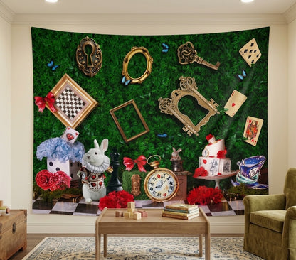 A large wall tapestry featuring a whimsical Alice in Wonderland theme, styled hanging on a beige wall in a living room setting above a wooden coffee table and next to a green armchair.